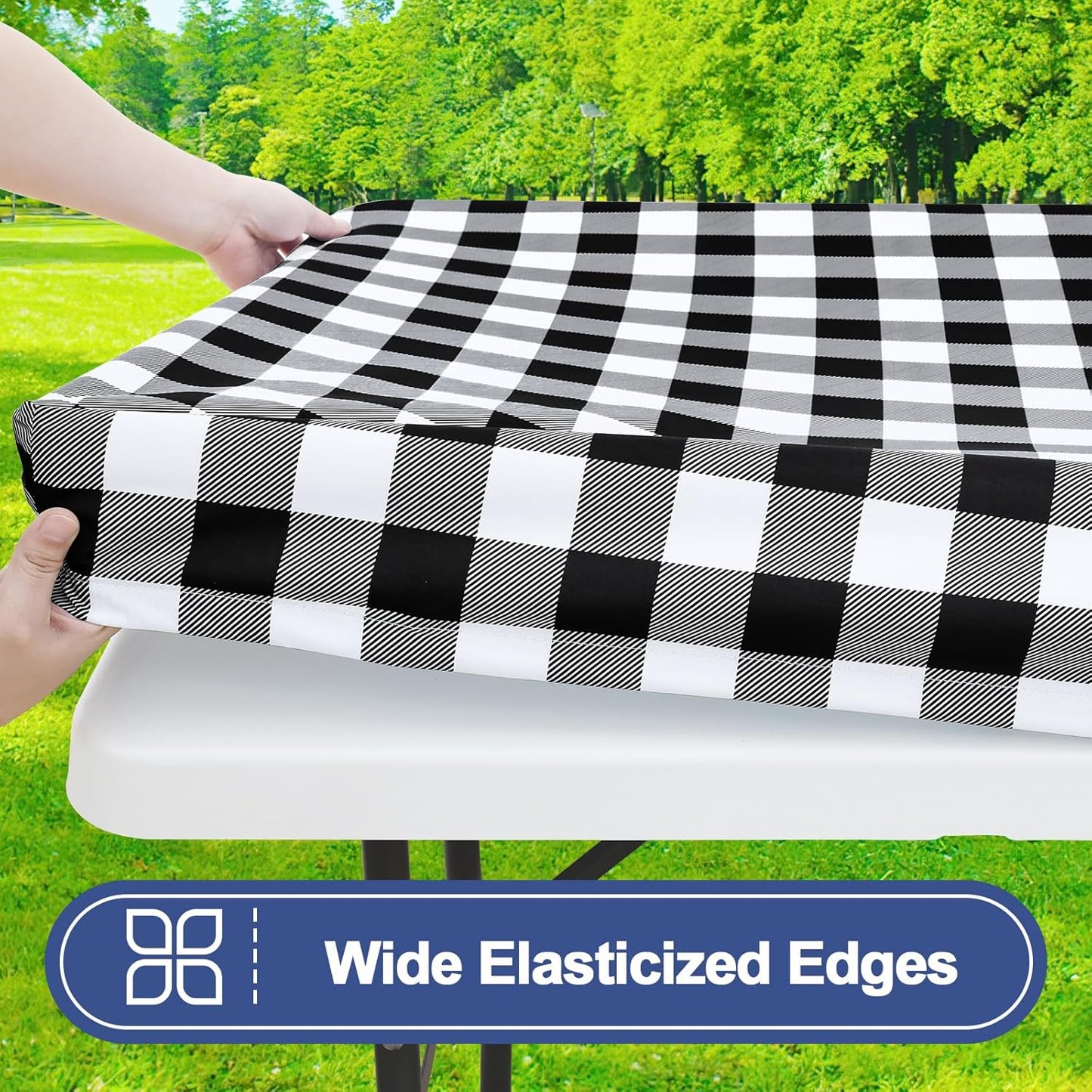 Smiry 6FT Picnic Table Cover with Bench Covers, Elastic Fitted Tablecloth | Waterproof Washable Rectangle Tablecloths ,Buffalo Plaid Tablecloth for Dining, Camping, Outdoor (Black & White, 30" x 72")