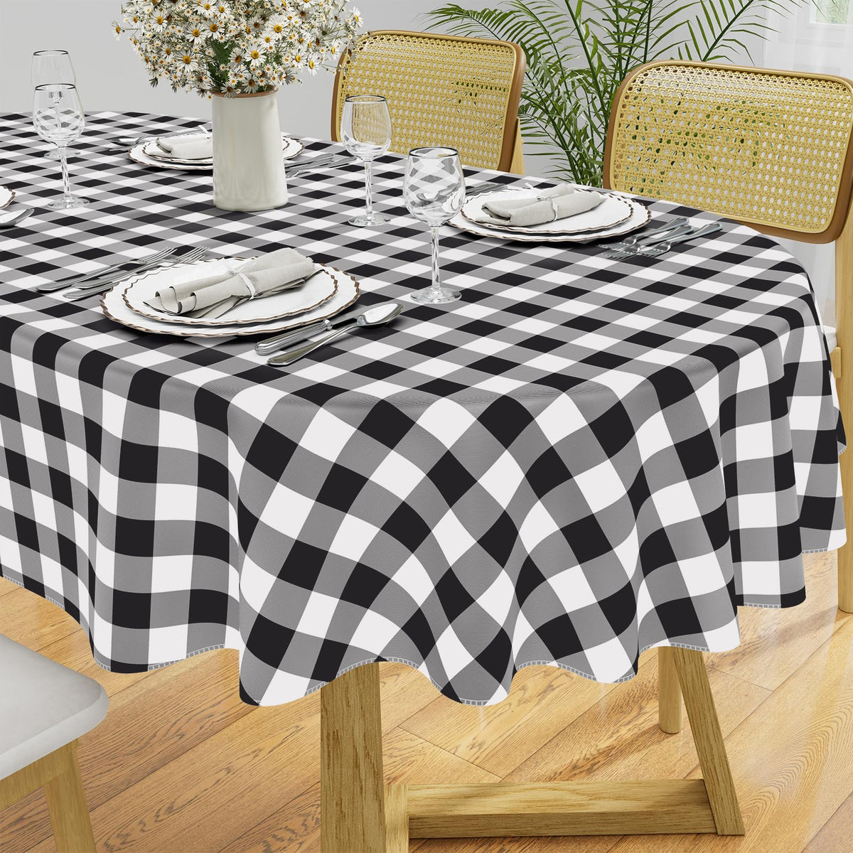 Rectangle Waterproof Vinyl Table Cloth, Buffalo Flannel Backed Tablecloth, Wipeable Plastic Table Cover for Dinner, Kitchen, Outdoor (60" x 84", Black and White)