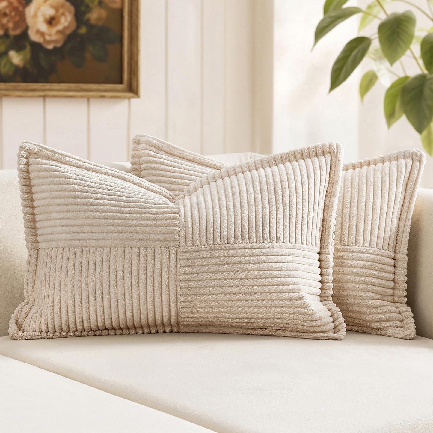 MIULEE Decorative Throw Pillow Covers for Couch 18x18 Inch Beige 2 Pack | Boho Broadside Striped Patchwork Pillow Covers, Soft Corduroy Cushion Cases, For Sofa Bed Livingroom Home Decor