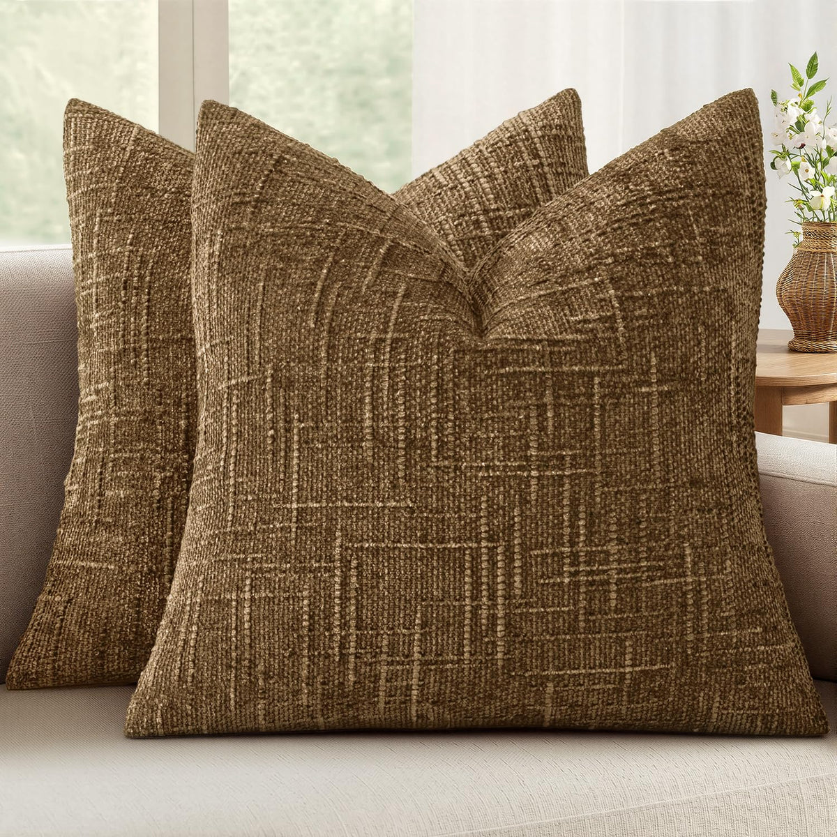 MIULEE Chenille Textured Throw Pillow Covers Cream White 18x18 Set of 2 | Slubby Decorative Pillows, Boho Farmhouse Home Decor, Modern Neutral Cushion Covers for Couch Sofa Bed Living Room