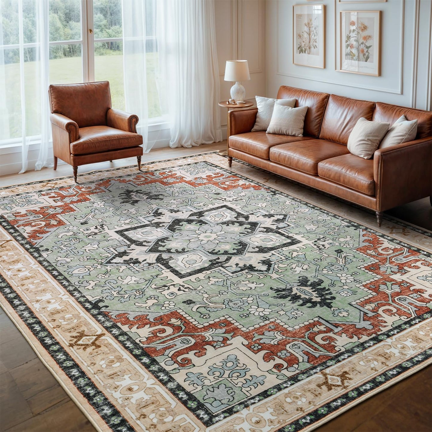 Lofus 5x7 Area Rugs for Living Room Bedroom, Soft Boho Carpet Floral Brown | High-Power Vacuuming, Non-Slip, Low Pile, Stain & Water Repellent, Soft, Skin-Friendly, for Kitchen Entryway Office