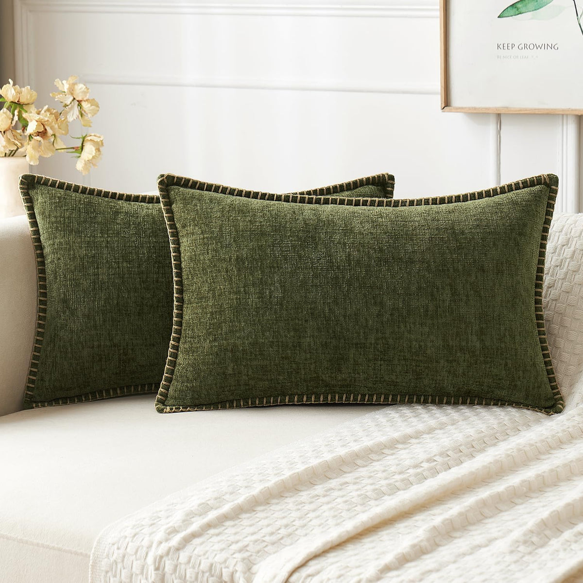 MIULEE Decorative Couch Throw Pillow Covers 18x18 Inch Sage Green 2 Pack | Farmhouse Pillow Covers with Stitched Edge, Soft Chenille Cushion Cases, for Sofa Bed Living Room Home Decor
