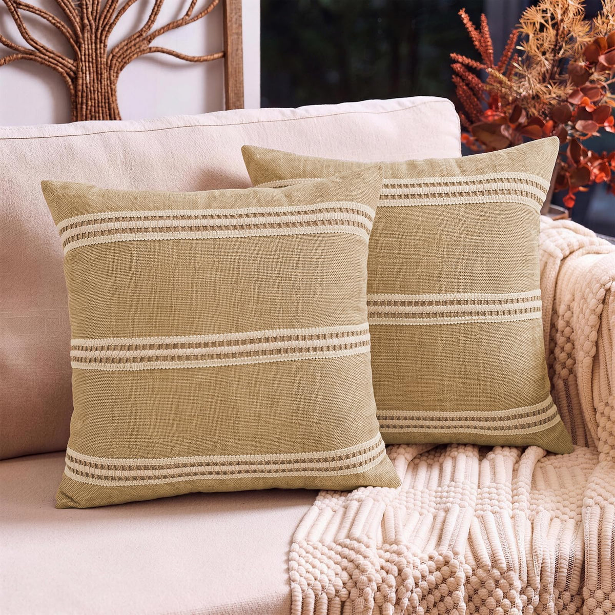 Boho Fringe Throw Pillow Covers 18x18 inch | Khaki and Cream Linen Cushion Covers,Stripe Hemp Lace Tassel Decorative, Neutral Farmhouse Pillow Covers for Couch Sofa