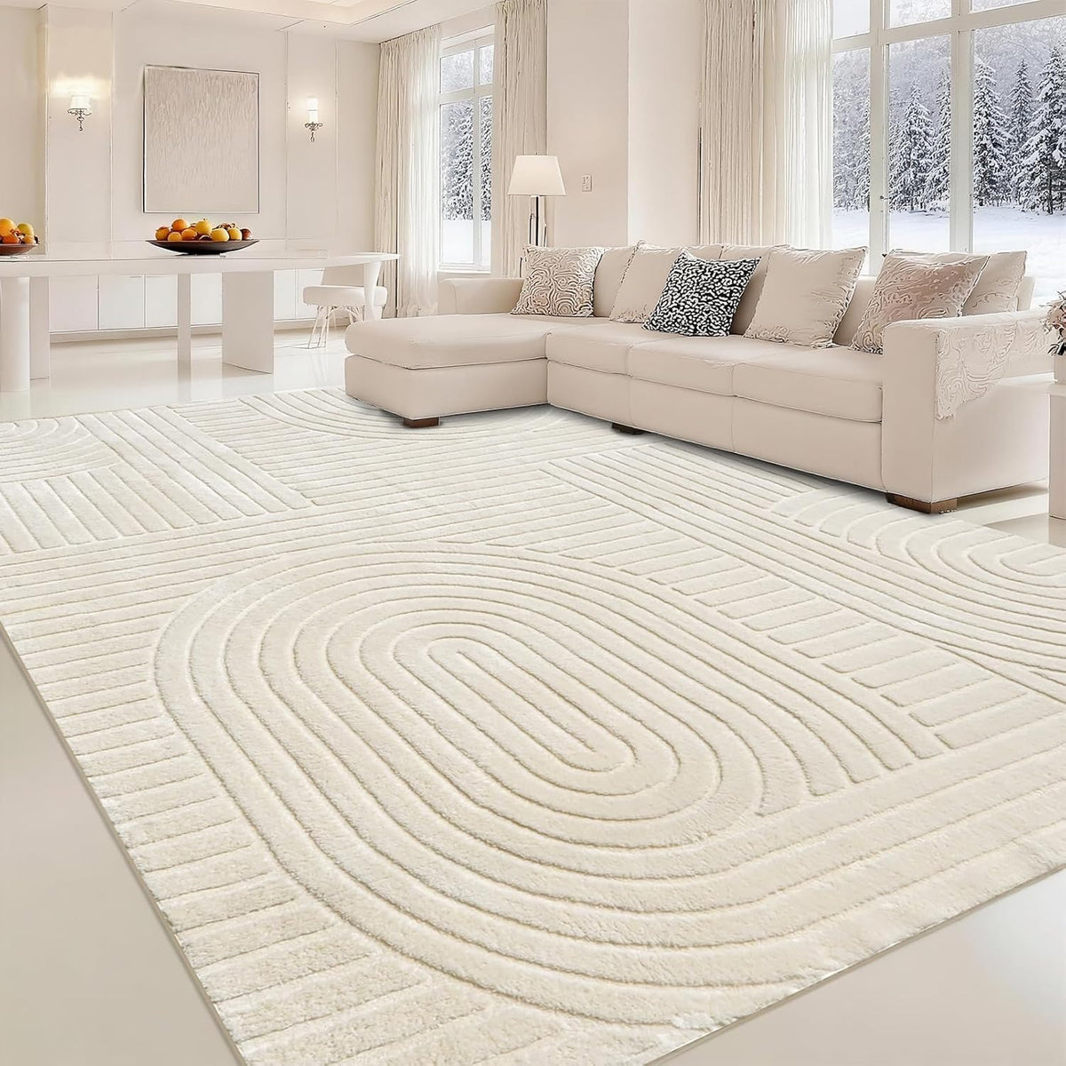 Beige Solid Area Rug 8x10, Washable Rugs for Living Room Bedroom | Modern Neutral Boho Geometric High-Low Pile Carpet, Soft, Fluffy Non-Slip Rugs for Nursery, Kids Room, Apartment, Home Office
