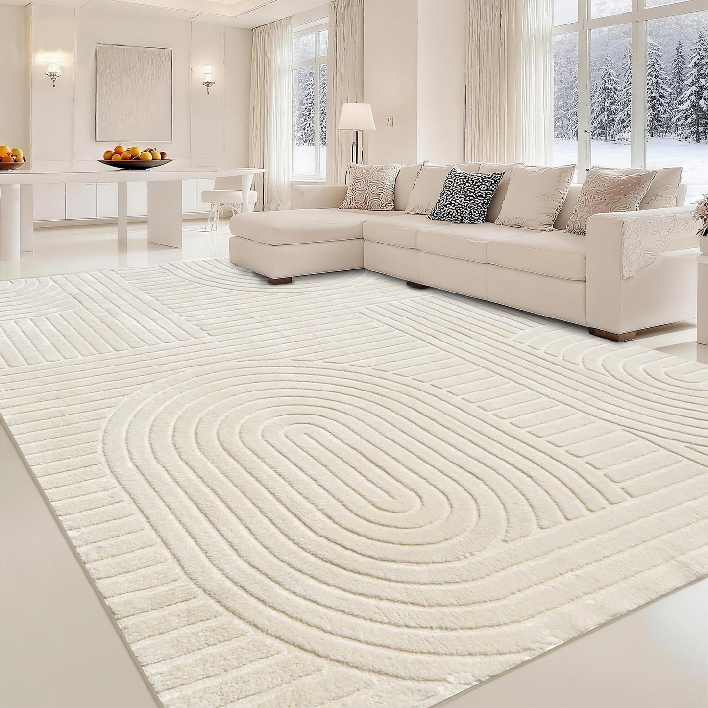 Beige Solid Area Rug 8x10, Washable Rugs for Living Room Bedroom | Modern Neutral Boho Geometric High-Low Pile Carpet, Soft, Fluffy Non-Slip Rugs for Nursery, Kids Room, Apartment, Home Office