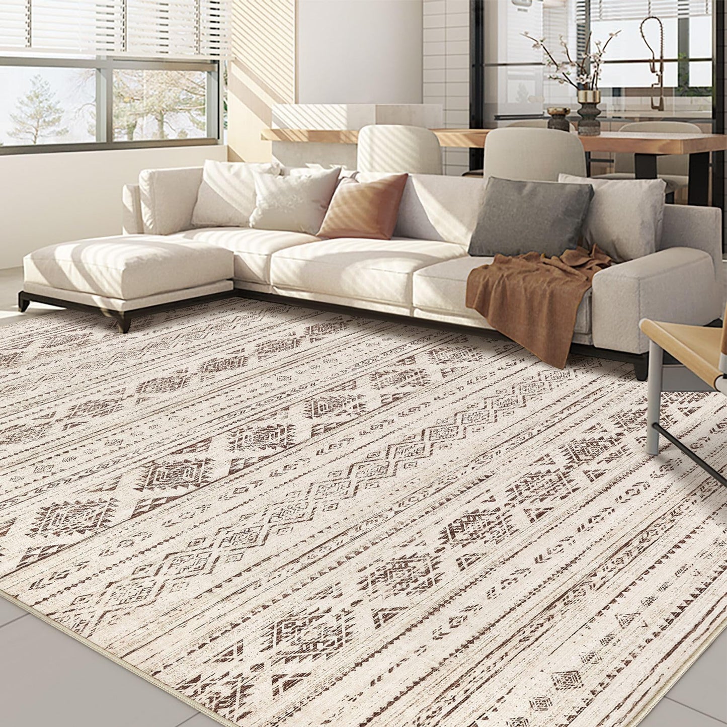 Nakagishi Boho 5x7 Area Rug Living Room Rugs Machine Washable Beige/Brown | Soft, Pet & Kid Friendly, Carpet for Living Room/Bedroom/Office/Kitchen/Nursery, Daily Home Decor Stain Resistant Moroccan