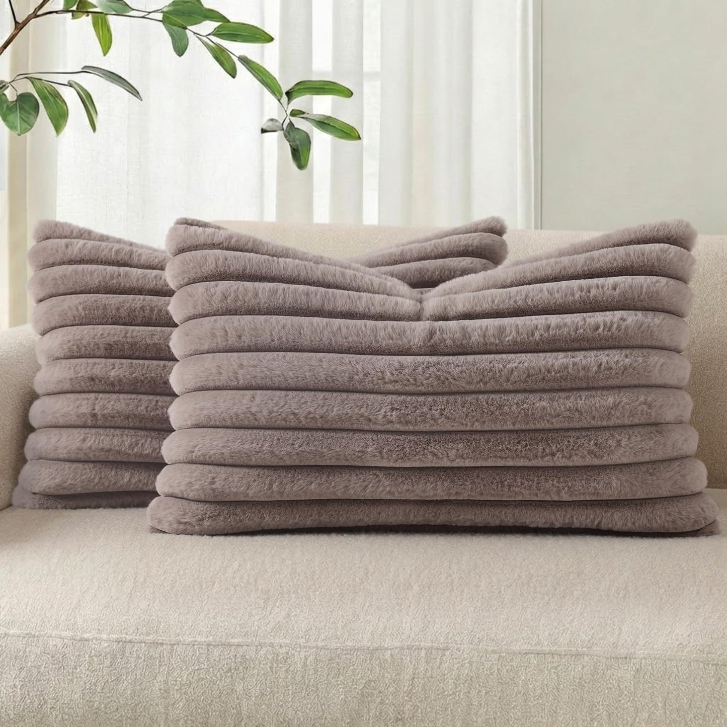 Pallene Faux Fur Decorative Throw Pillow Covers 18x18 Set of 2, Cream White | Luxury Plush Texture, Striped Design, Cozy Soft Touch, Modern Home Accent Decor for Couch, Sofa, Bed, Living Room