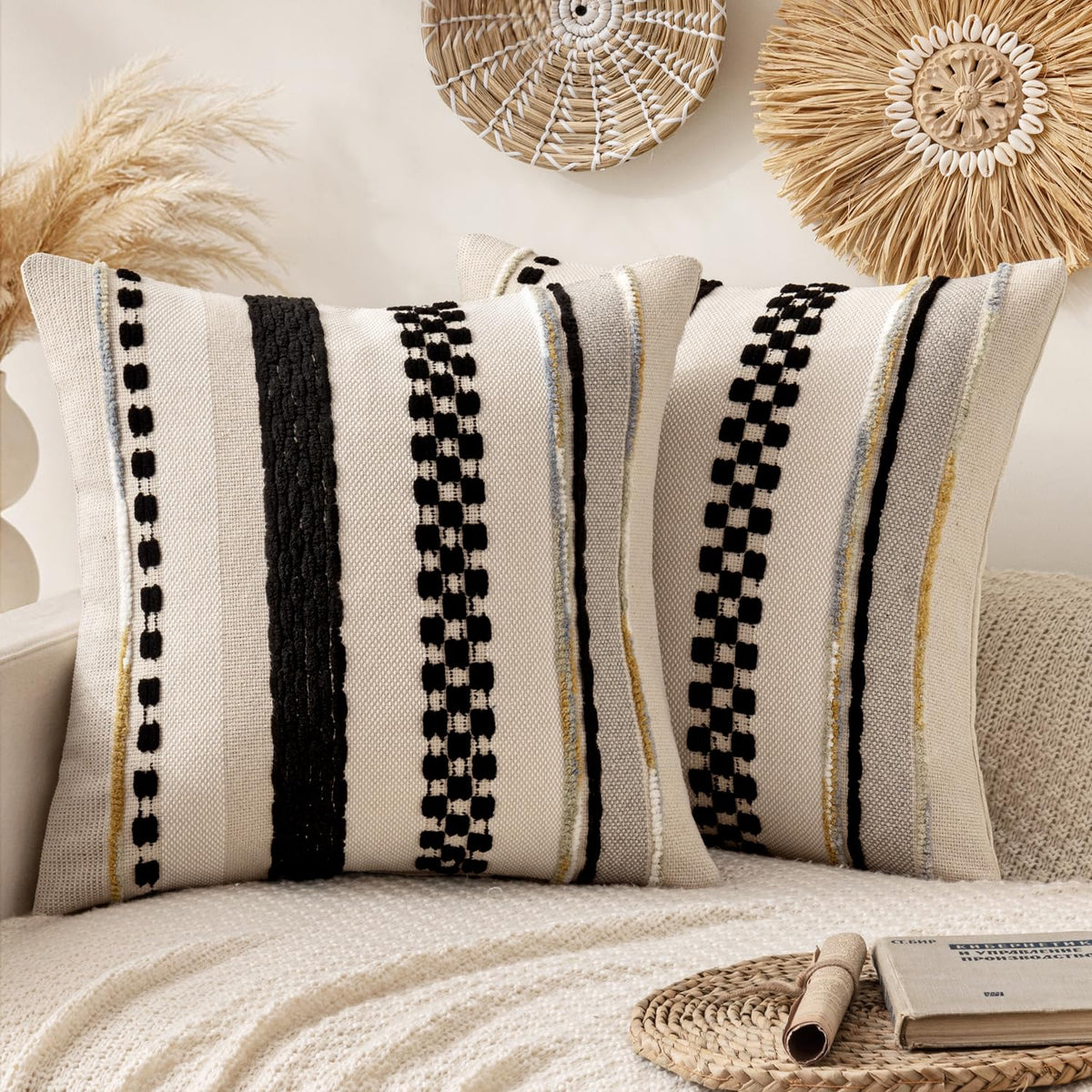 ANRODUO Boho Decorative Pillow Covers Olive Green Stripe 18x18 Pack of 2 | Throw Pillow Covers, Farmhouse Cushion Case, Chenille Pillow Cases, Pillow Covers, Accent Neutral Pillowcase for Couch Bed