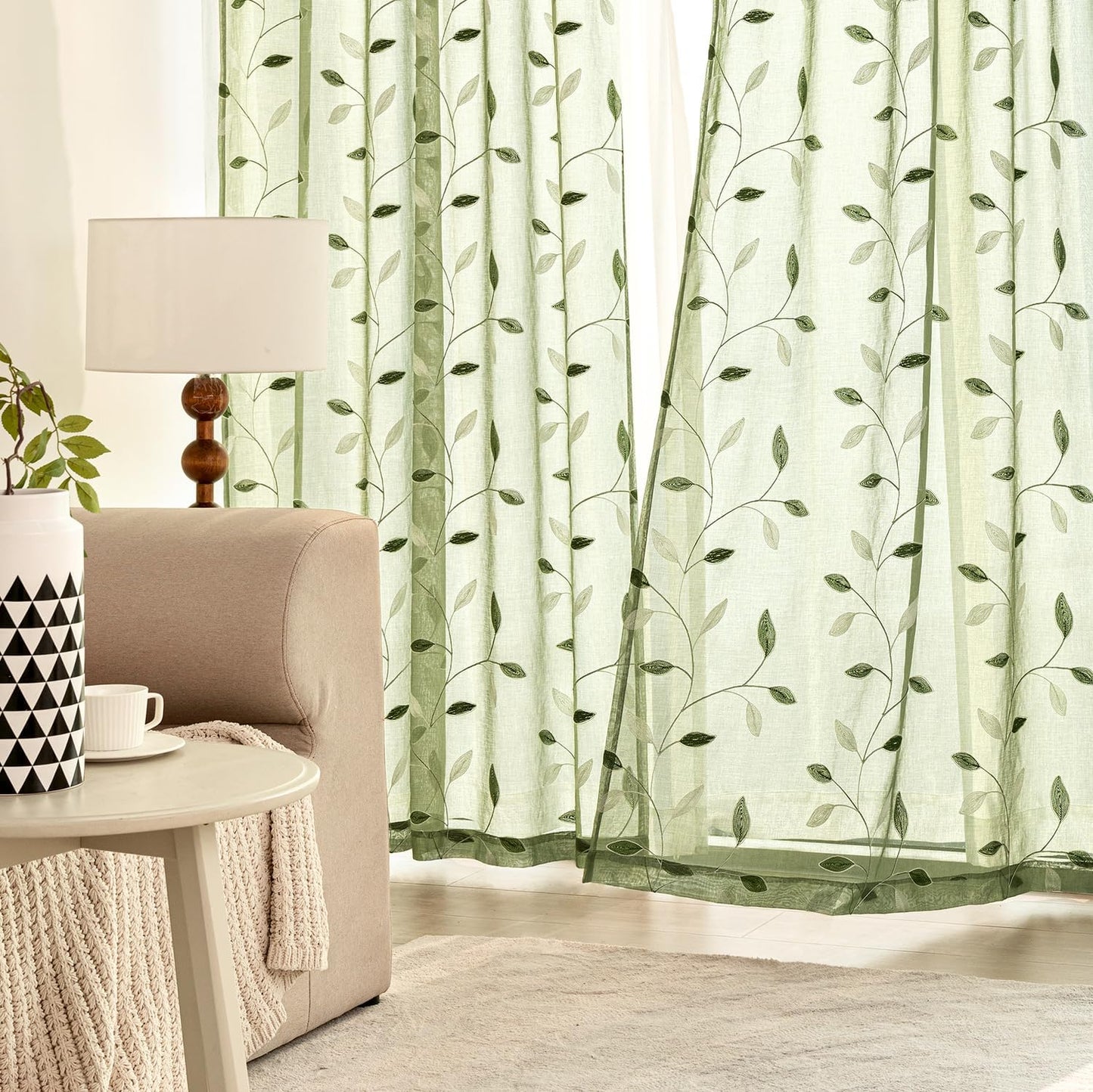 MIULEE Sage Green Sheer Curtains 2 Panels Leaf Patterned, W52 x L84 | Embroidered Floral Semi Sheer,Rod Pocket,Faux Linen,Short Window Curtains Drapes Set for Kitchen/Bathroom/Cafe