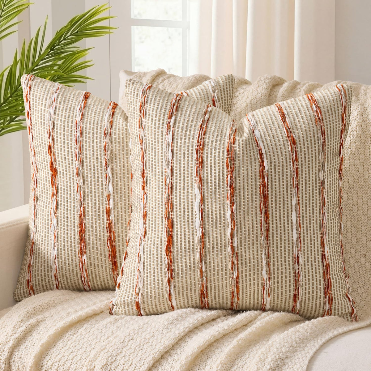 ANRODUO Boho Decorative Pillow Covers Olive Green Stripe 18x18 Pack of 2 | Throw Pillow Covers, Farmhouse Cushion Case, Chenille Pillow Cases, Pillow Covers, Accent Neutral Pillowcase for Couch Bed