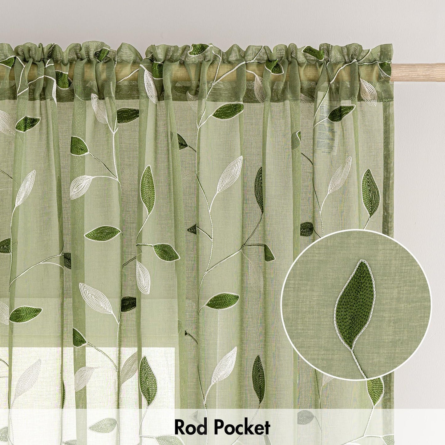 MIULEE Sage Green Sheer Curtains 2 Panels Leaf Patterned, W52 x L84 | Embroidered Floral Semi Sheer,Rod Pocket,Faux Linen,Short Window Curtains Drapes Set for Kitchen/Bathroom/Cafe