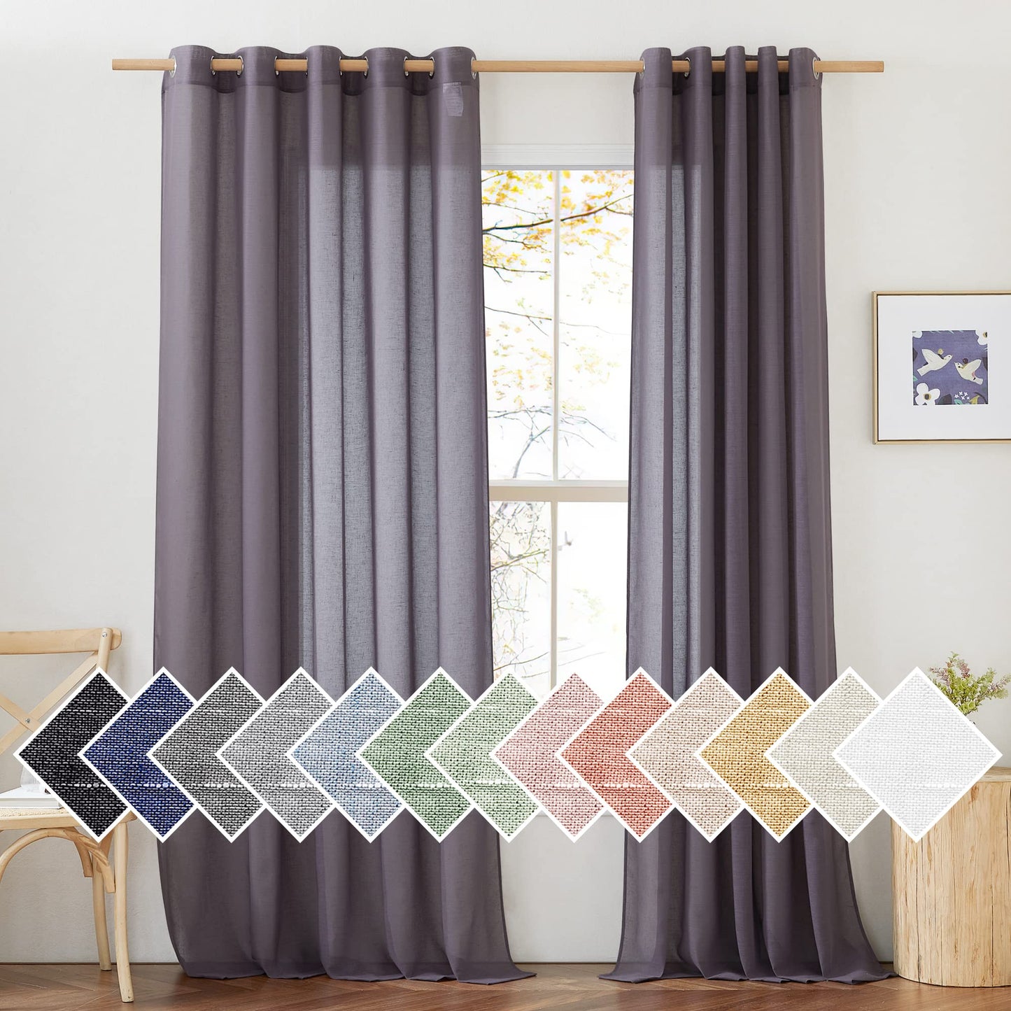 NICETOWN White Sheer Linen Curtains for Living Room 84 inch Length 2 Panels Set, Grommet Semi Sheer Privacy with Light Filtering Flax Window Treatments for Bedroom, W52 x L84