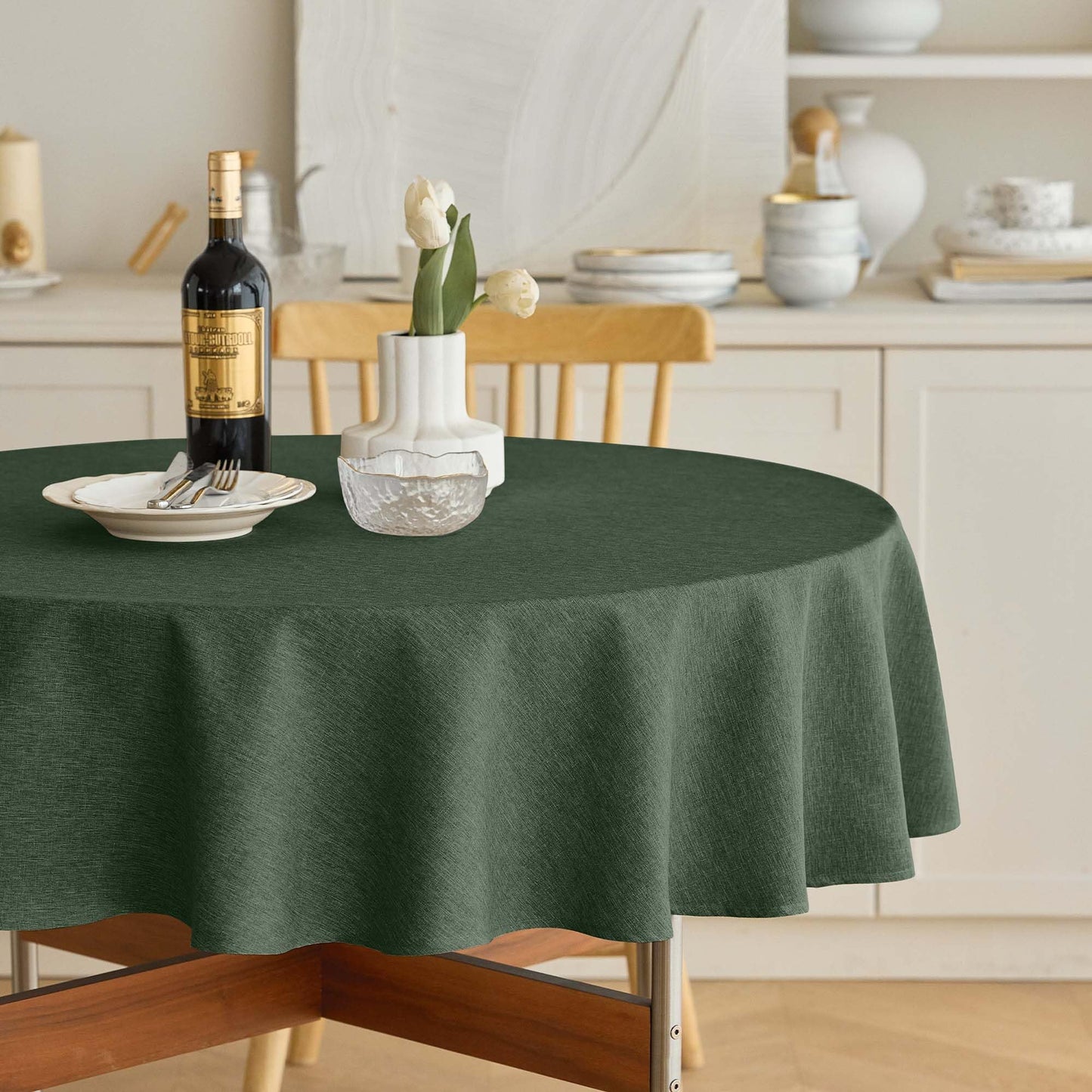 Decorelia Faux Linen Round Tablecloths 60 inch, Waterproof Decorative Washable Texture Rustic Circle Table Cloth Cover for Dining Kitchen Party Farmhouse Outdoor(Round (2-4 Seats),Sage Green)