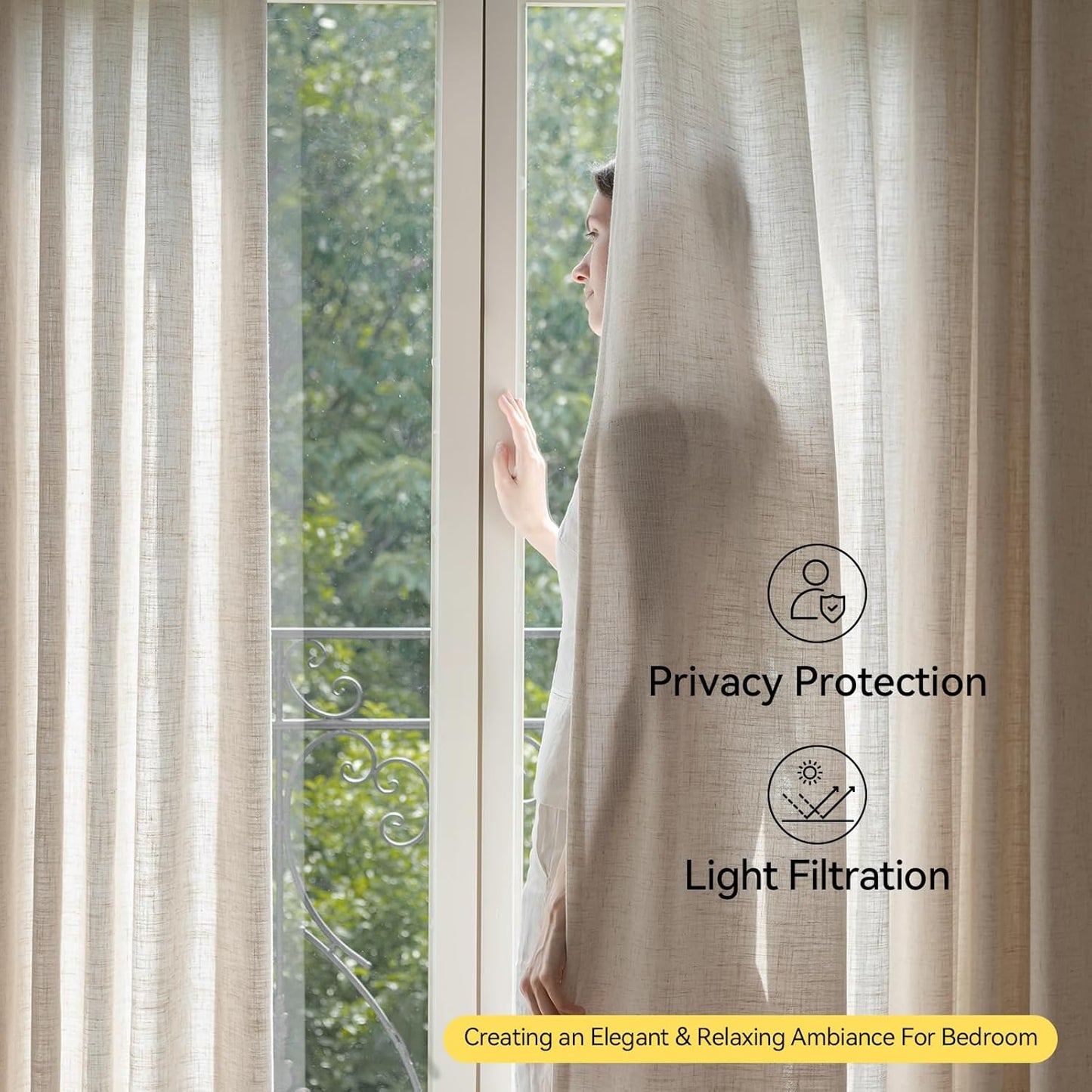 Liz Sheer Pinch Pleated Linen Curtains 102 Inches Long - Light Filtering Pleat Curtains for Living Room, Window Curtains for Bedroom, Luxury Pinch Pleated Drapes with Hooks, Natural, 2 Panels Set