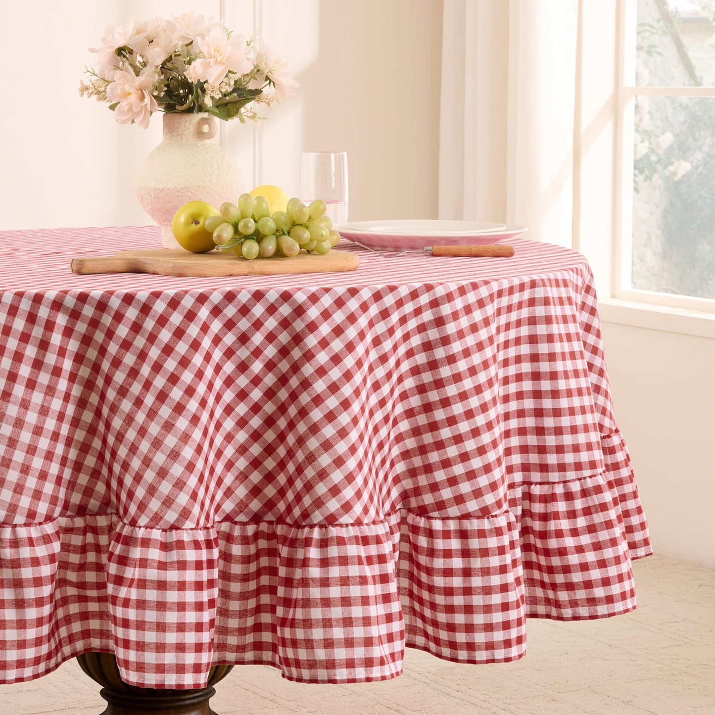 Romanstile Gingham Ruffled Tablecloth Rectangle, 60 x 84 Inch, Sage Green | Waterproof Checkered Table Cloth, Polyester-cotton, Farmhouse Plaid Table Cover for Outdoor, Picnic, Camping, Party