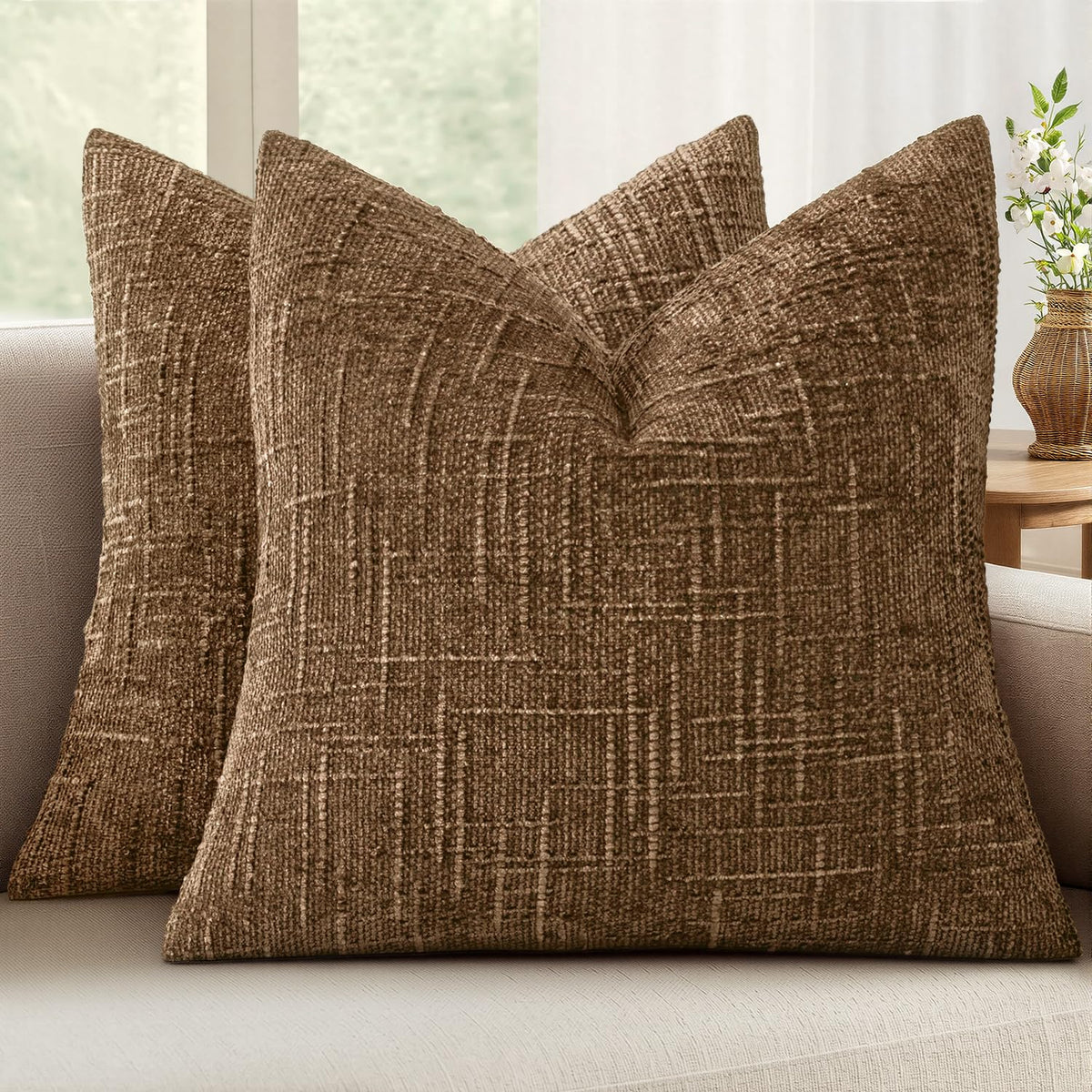 MIULEE Chenille Textured Throw Pillow Covers Cream White 18x18 Set of 2 | Slubby Decorative Pillows, Boho Farmhouse Home Decor, Modern Neutral Cushion Covers for Couch Sofa Bed Living Room