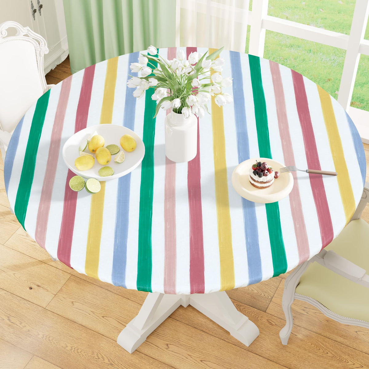 Round Fitted Tablecloth with Elastic Edge, 100% Waterproof Oil Proof Plastic Table Cover, Vinyl Flannel Backed Tablecloth Fits 36"-44" Round Tables for Dinner, Outdoor, Picnic, Oak Wooden Grain