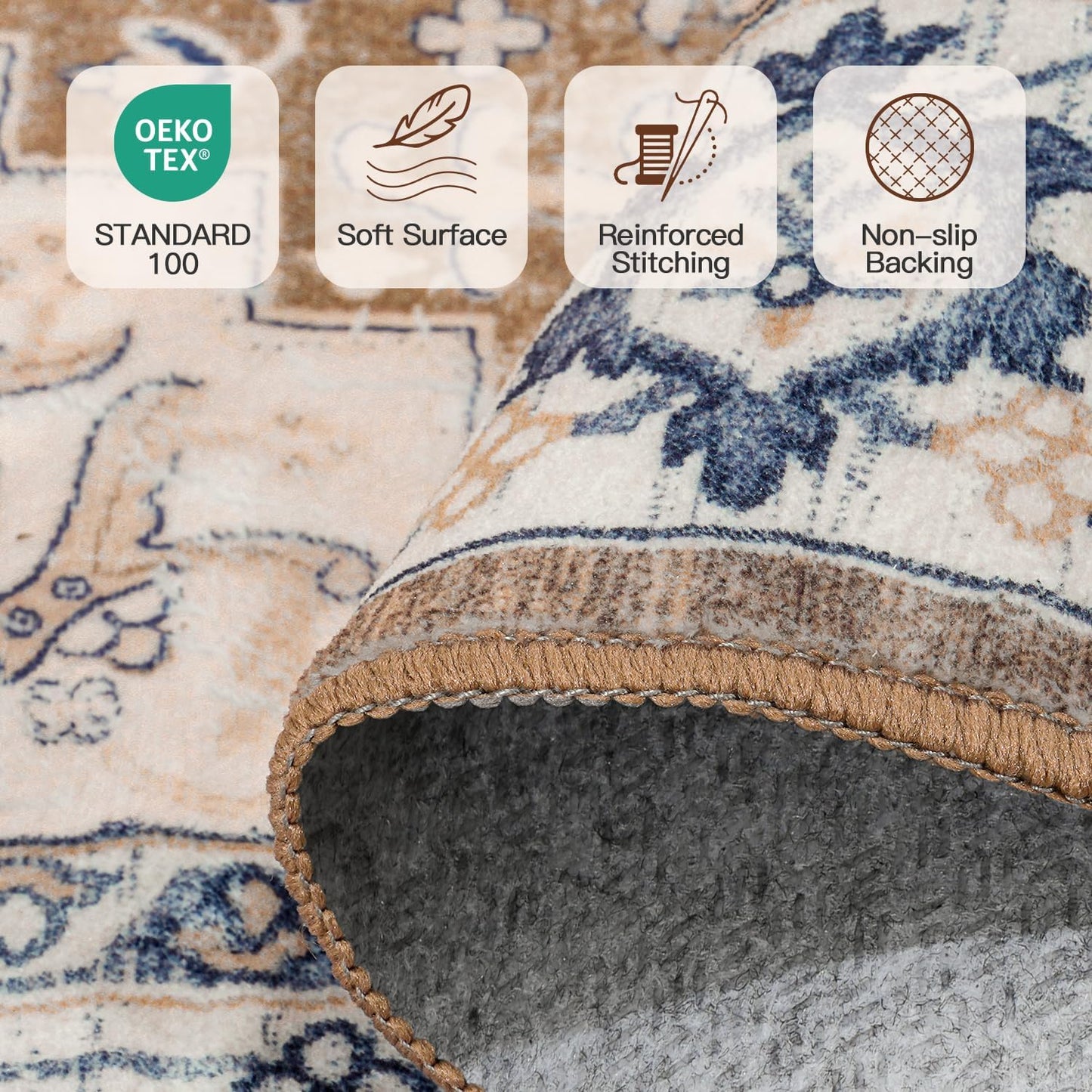 Lofus 5x7 Area Rugs for Living Room Bedroom, Soft Boho Carpet Floral Brown | High-Power Vacuuming, Non-Slip, Low Pile, Stain & Water Repellent, Soft, Skin-Friendly, for Kitchen Entryway Office
