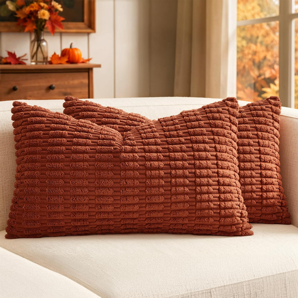 MIULEE Corduroy Decorative Throw Pillow Covers 18x18 Cream White Pack of 2 | Soft Boho Striped Pillow Covers Modern Farmhouse Home Decor For Sofa Living Room Couch Bed