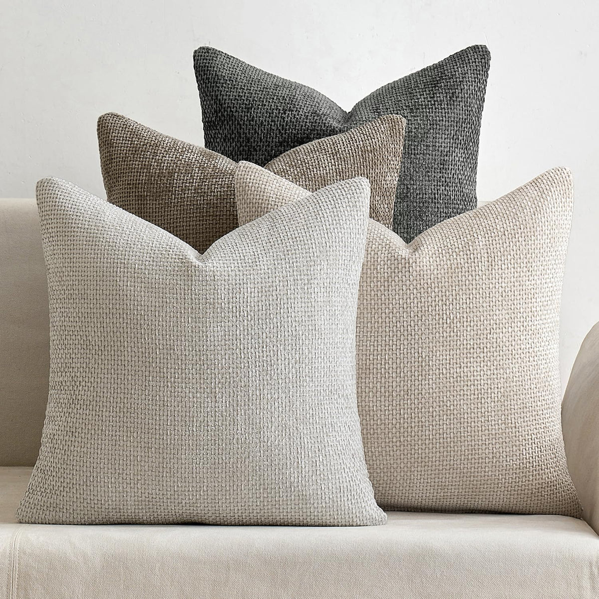 MIULEE Soft Decorative Chenille Pillow Covers Neutral 18x18 Pack of 4 | Mid Century Modern Decor, Cream to Charcoal Set, Couch Throw Pillows, Farmhouse Boho Cushion Covers for Sofa Bed Living Room