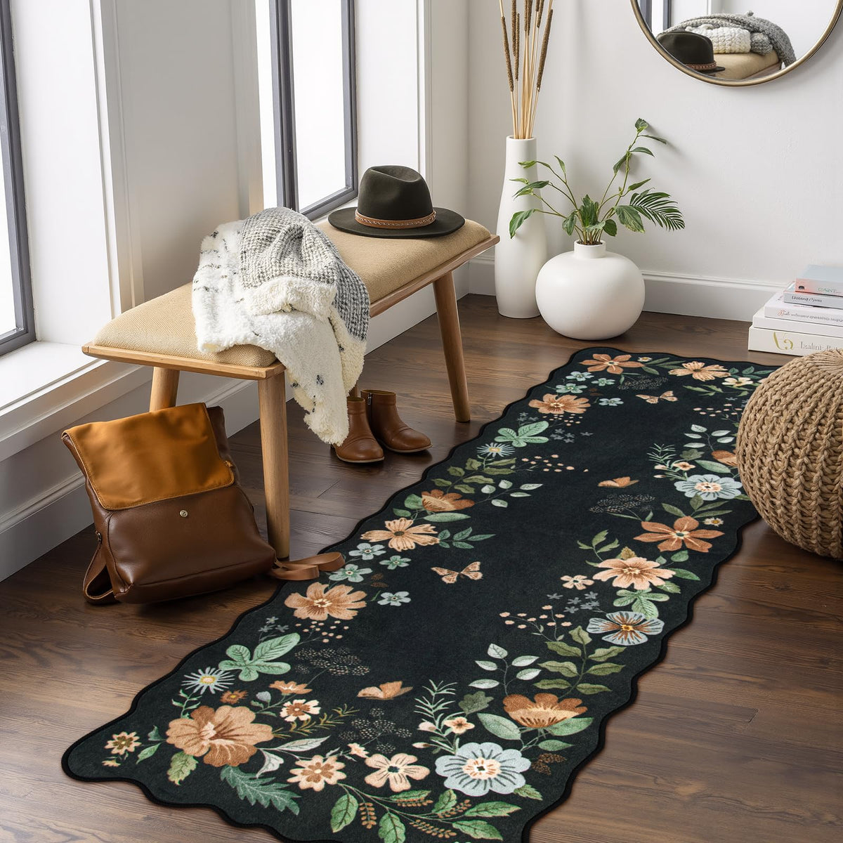 Lahome Floral Rugs for Living Room, 5x7 Area Rugs Ultra-Thin Soft Washable Rug, Non-Slip Bedroom Rug Stain Resistant Boho Flore Carpet for ‎Dining Room Office (5x7ft,Black/Grey)