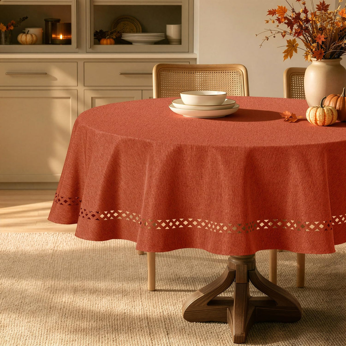 MIULEE Beige Rectangle Tablecloth with Decorative Cutouts 52x70 Inch | Waterproof Stain Resistant & Shrink-Proof Table Cloth, Farmhouse Style, for Dining Wedding Kitchen Party Outdoor