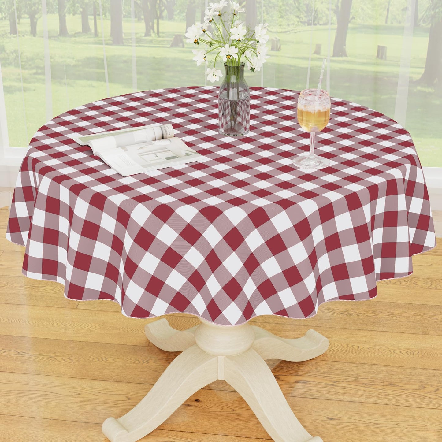 Smiry Picnic Table Cloth, Vinyl Tablecloths with Flannel Backing, 60"x84" | Waterproof Rectangle Table Cloth, Wipeable Buffalo Plaid Table Cover for Indoor and Outdoor (Khaki & White)