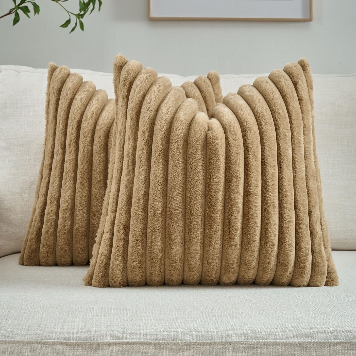 FUTEI Pack of 2 Faux Fur Throw Pillow Covers 18x18 Inch, Cream White | Fluffy Faux Rabbit Fur Front/Premium Velvet Back,Hidden Zipper,Machine Washable,Non-Shedding,Colorfast,Insert Not Included.