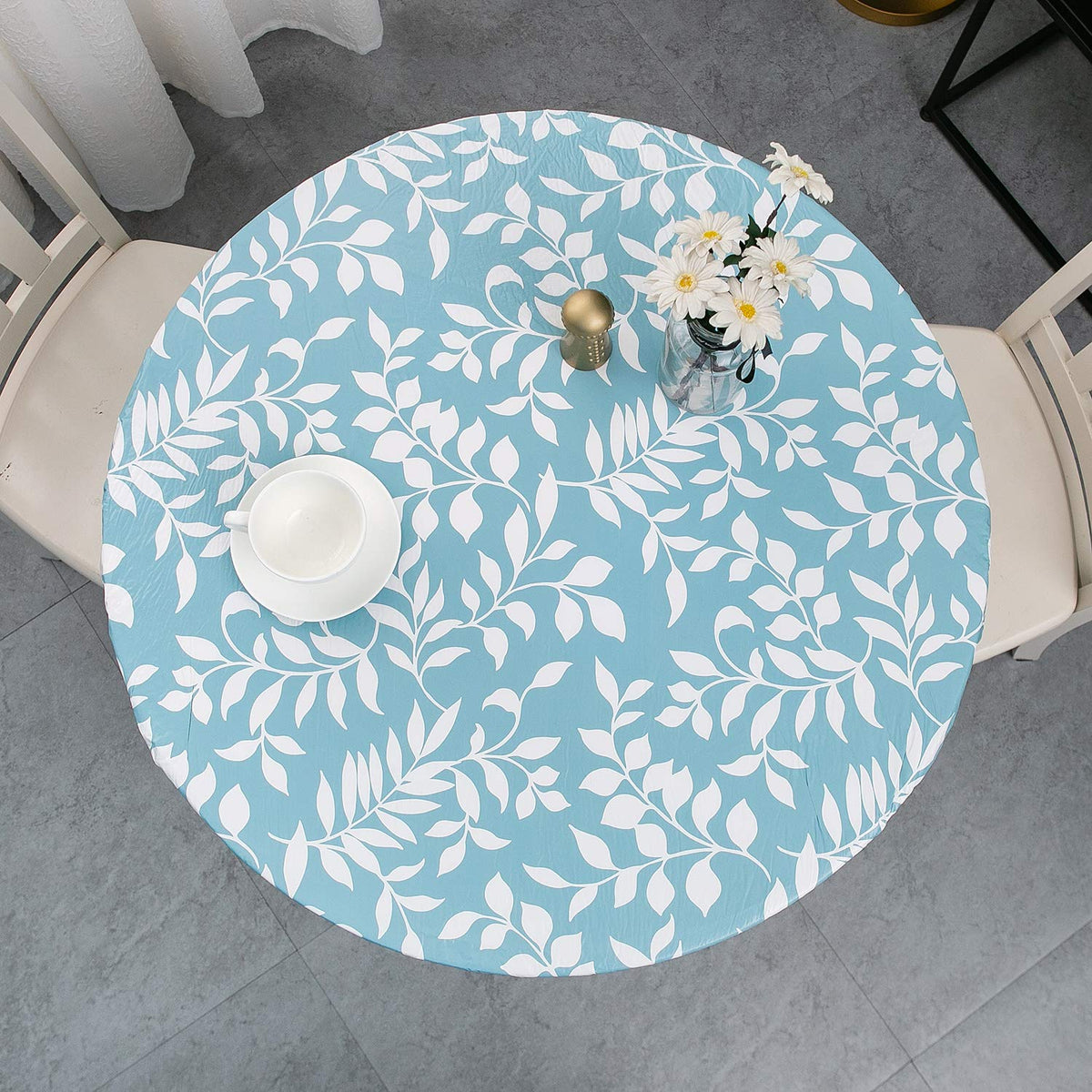 Pioggia Round Vinyl Fitted Tablecloth with Flannel Backing Elastic Table Cloth Waterproof Oil-Proof Plastic Table Cover Best for 45"-56" Round
