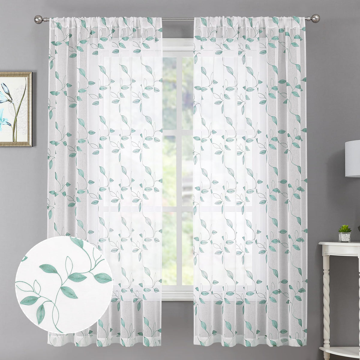 Tollpiz White Leaf Sheer Curtains Bedroom 54 x 84 Inches | Leaves Embroidered Curtain Rod Pocket Voile Window Treatment for Living Room, Set of 2 Panels