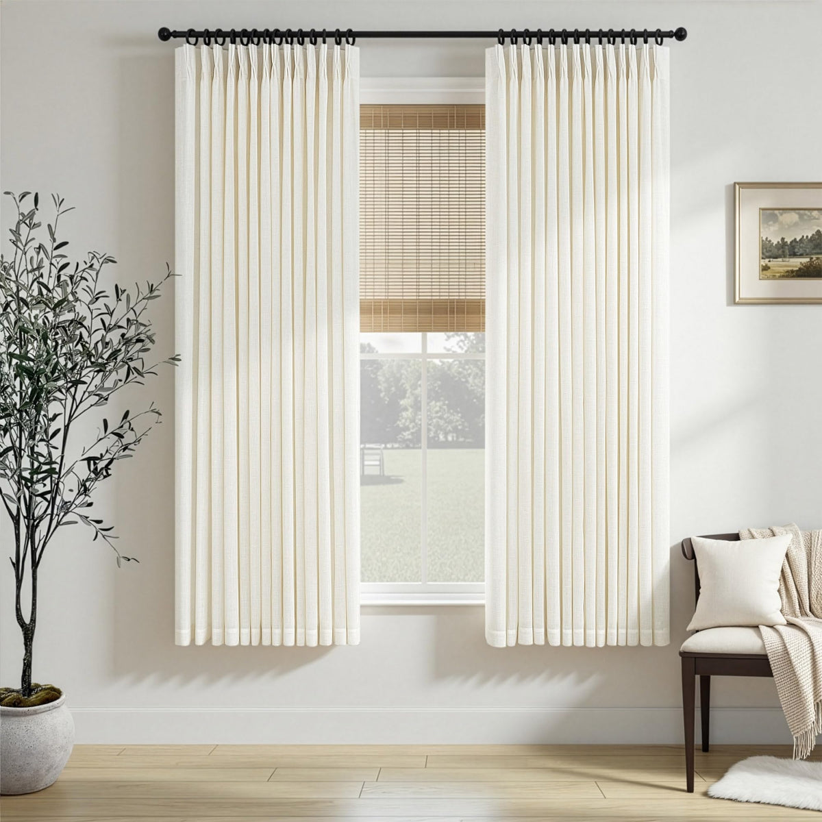 White Linen Pleated Curtains 84 Inches Long for Bedroom Back Tab Light Filtering Sheer Pinch Pleat Drapes Hook Ring Modern Farmhouse Coastal Cotton Textured Gauze Curtain Living Room 84 Length 2 Panel