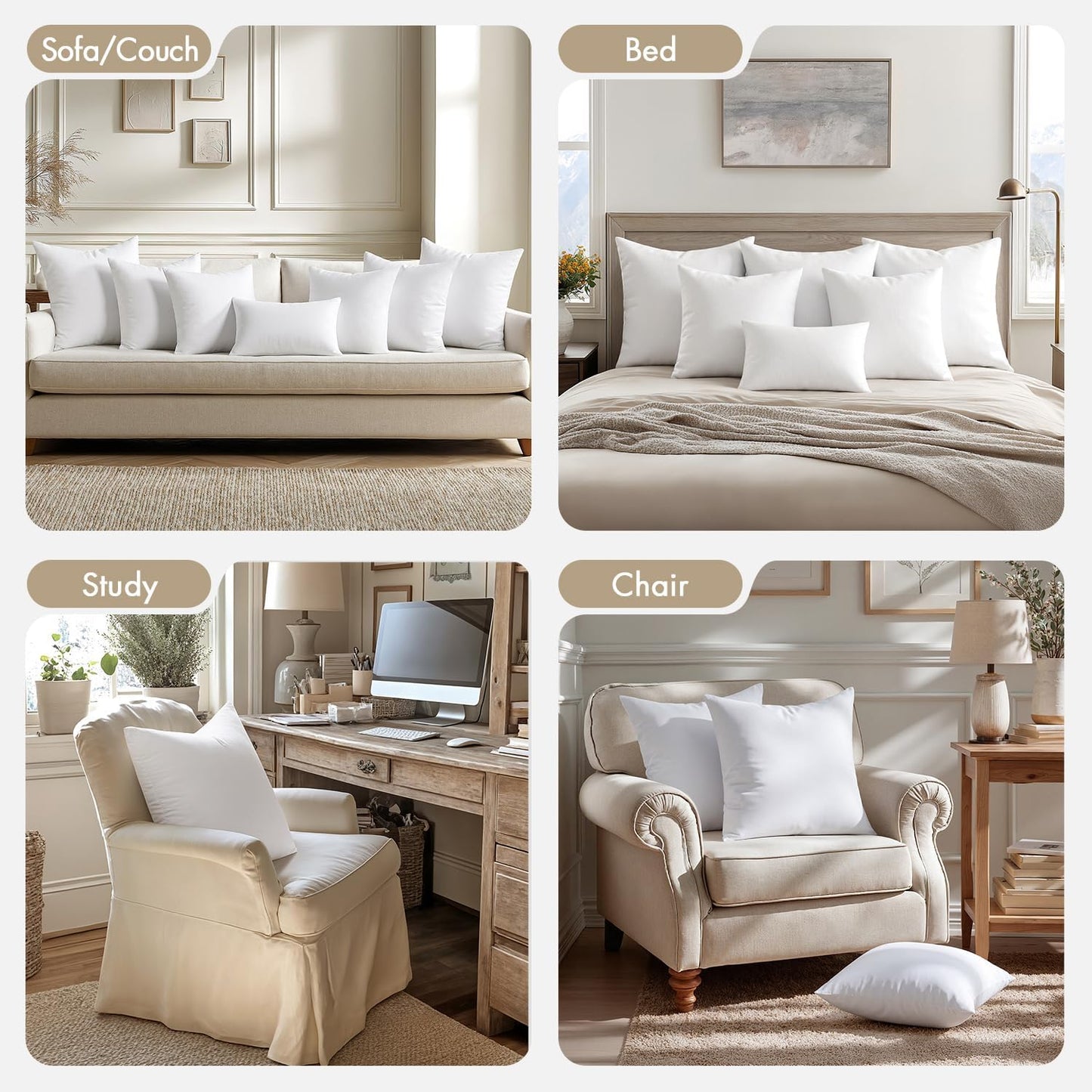 MIULEE 18x18 Pillow Inserts 4 Pack, 100% Virgin Fiber Filling Throw Pillows | Decorative Pillows for Sofa Bed Couch, Firm and Full Pillows, Excellent Support, Soft Brushed Fabric