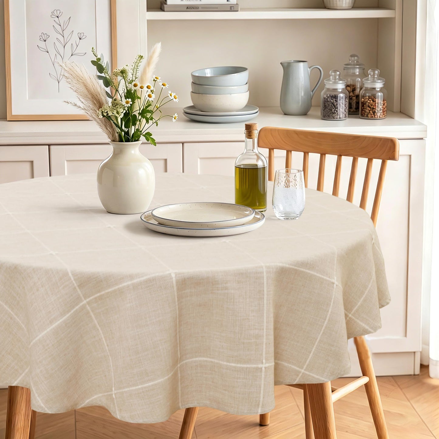 JIUZHEN Rectangle Table Cloth Faux Linen Farmhouse Tablecloth, Wrinkle and Stain Resistant Decorative Fabric Rectangular Spring Table Cover for Dining/Party/Birthday/Wedding, Beige, 54 x 80 Inch