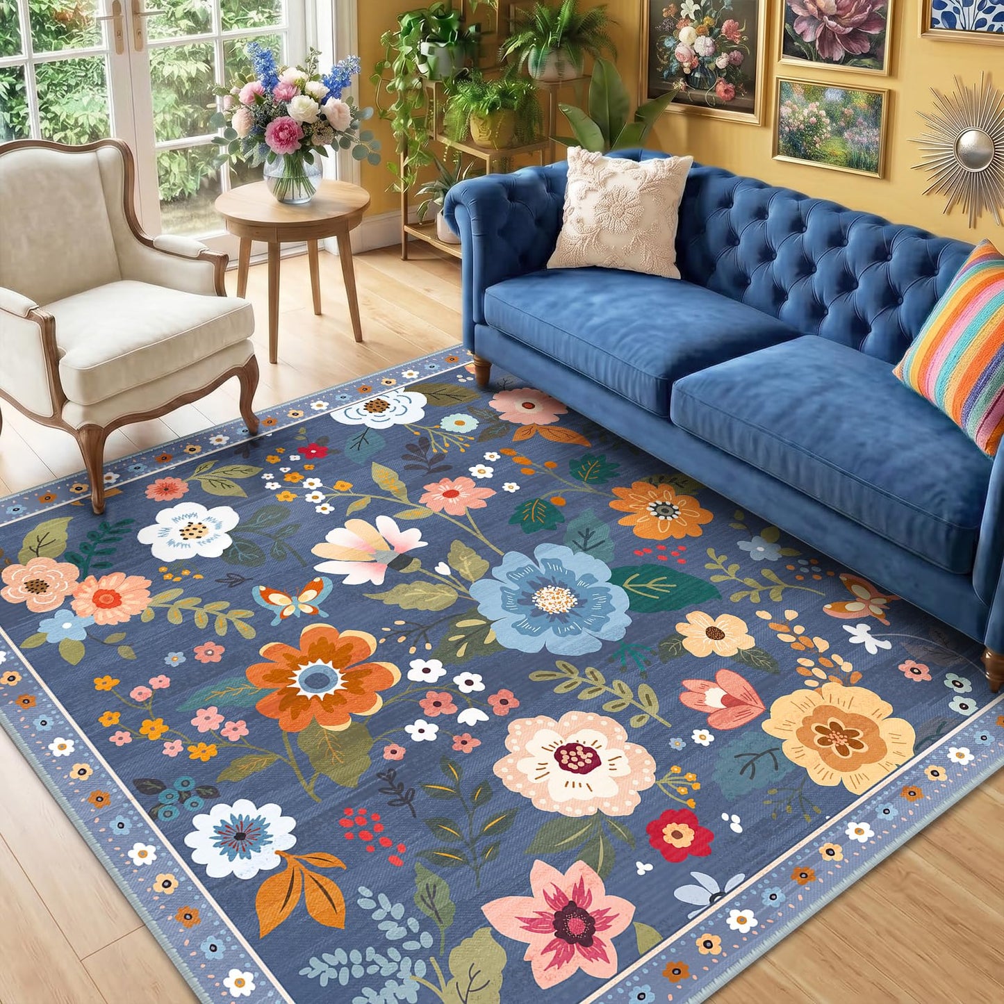 RELEANY Floral Washable 5x7 Area Rugs Black | Flower Carpet, Print, Boho, Non-Slip, Easy to Clean, Soft, Low Pile for Living Room Bedroom Kitchen Office Entryway Hallway