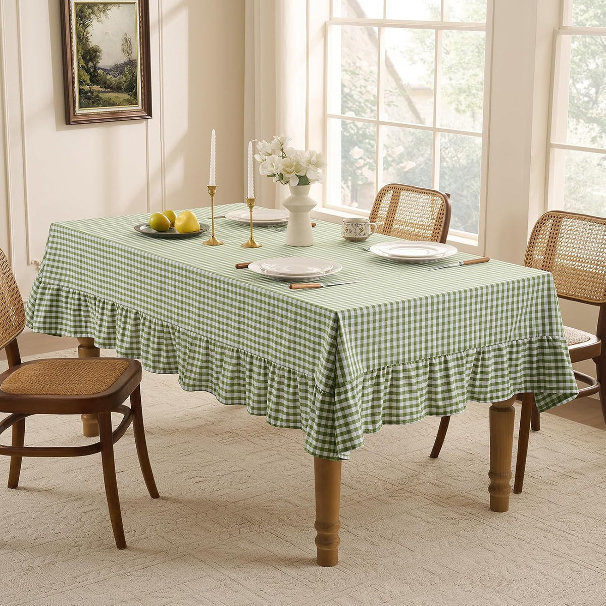 Romanstile Gingham Ruffled Tablecloth Rectangle, 60 x 84 Inch, Sage Green | Waterproof Checkered Table Cloth, Polyester-cotton, Farmhouse Plaid Table Cover for Outdoor, Picnic, Camping, Party