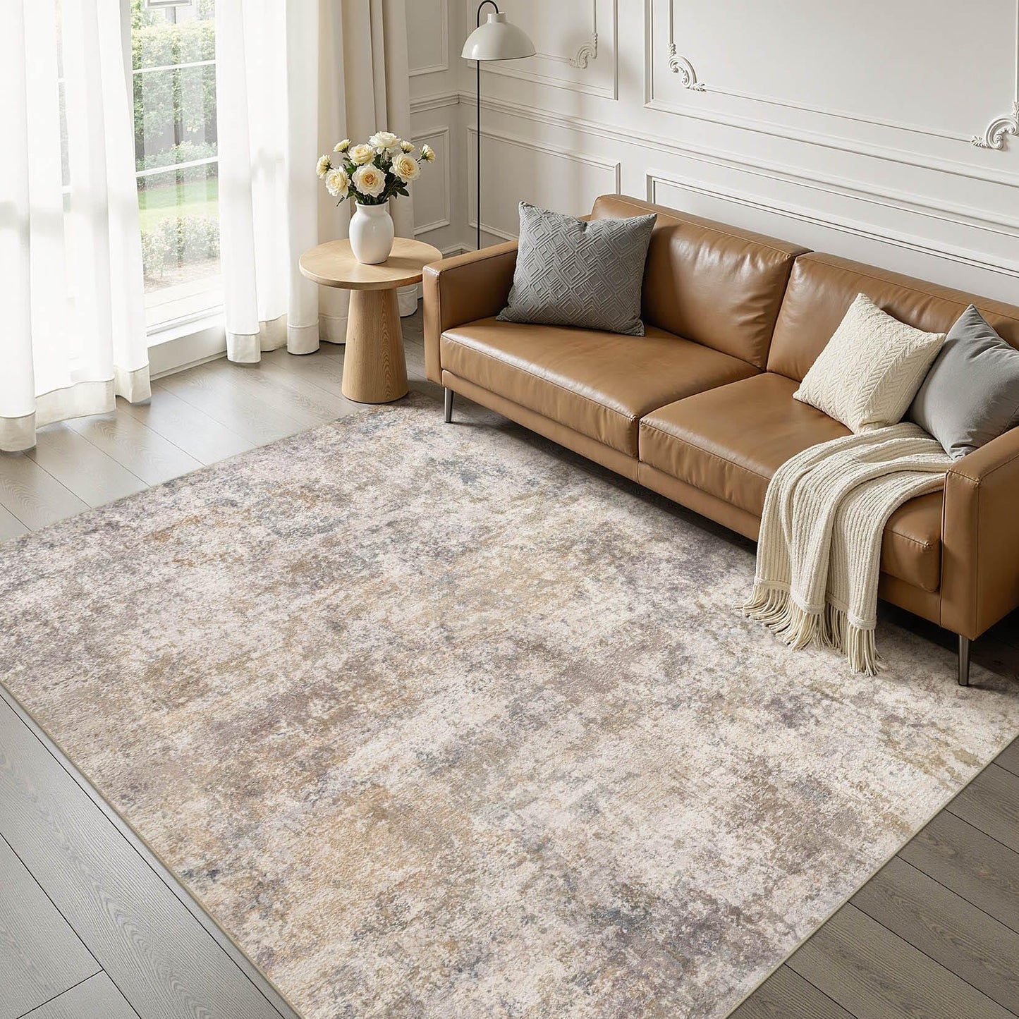 kakania 9x12 Washable Area Rug: Non Slip Soft Thin Carpet, Boho Geometric Modern Decor, Easy Clean Indoor Floor Large Rugs for Living Room Bedroom Kids Dorm Office Dining - Brown