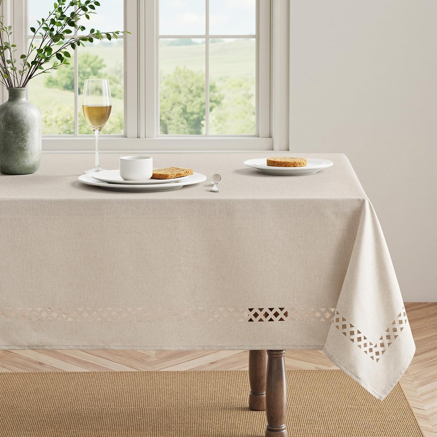 MIULEE Beige Rectangle Tablecloth with Decorative Cutouts 52x70 Inch | Waterproof Stain Resistant & Shrink-Proof Table Cloth, Farmhouse Style, for Dining Wedding Kitchen Party Outdoor