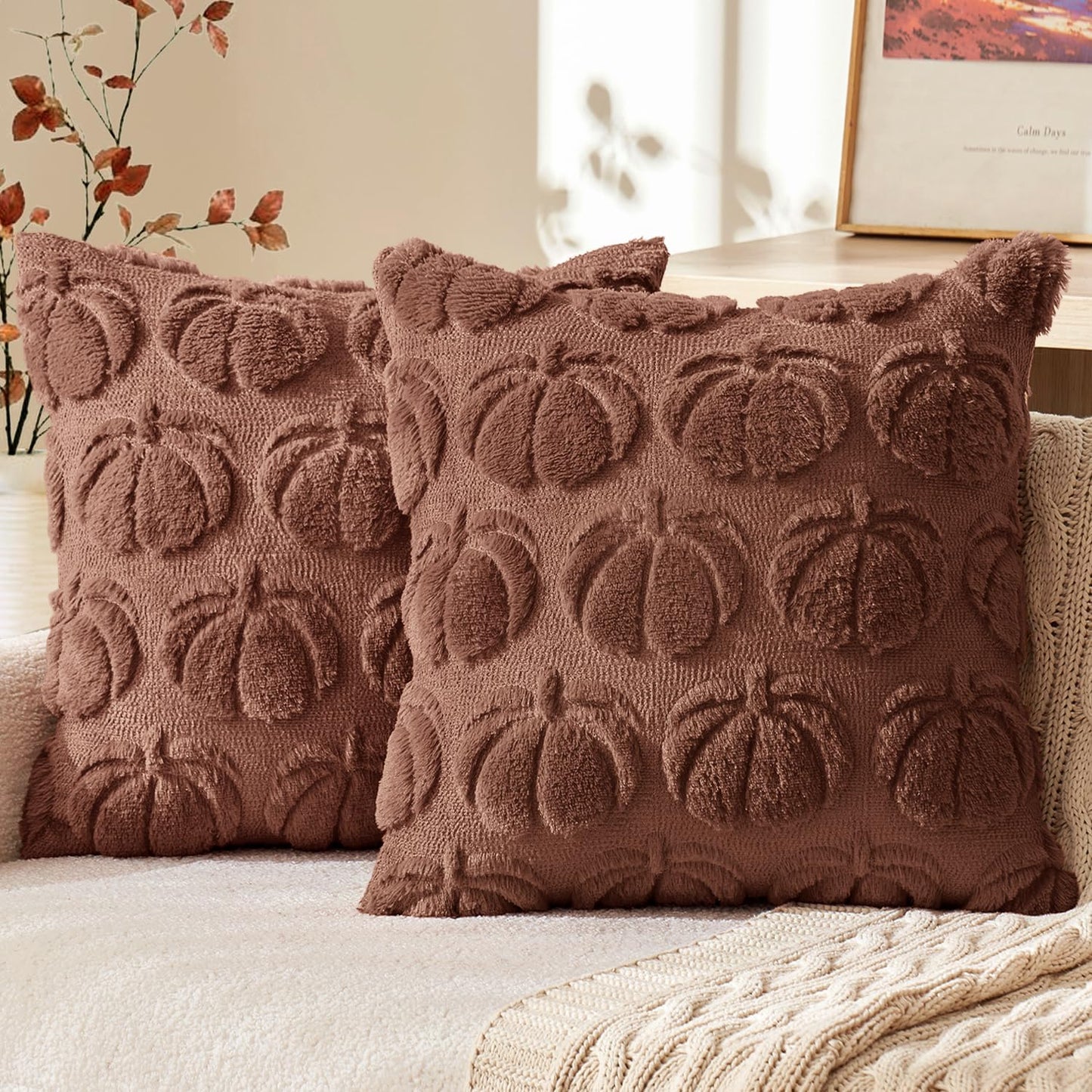 MIULEE Fall Pillow Covers Pumpkin Fall Decor 18x18 Dark Rust | Set of 2 Fall Decorations for Home, Plush Faux Fur Farmhouse Accent Pillowcases, Porch Sofa Couch Cushion Bed Livingroom