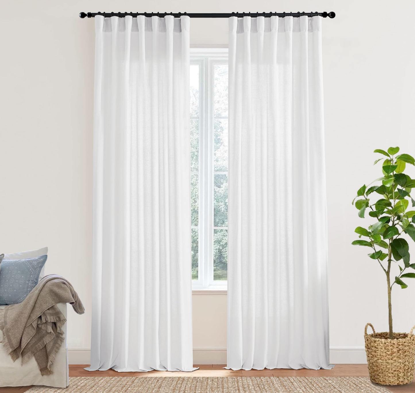 Linen Cotton Curtains for Living Room, Cream Off White Natural Fabric Light Filtering Semi Sheer Curtains 84 Inches Long, Ivory Pleated Farmhouse Curtain Drapes 84 Inch Length 2 Panels Set Dining Room