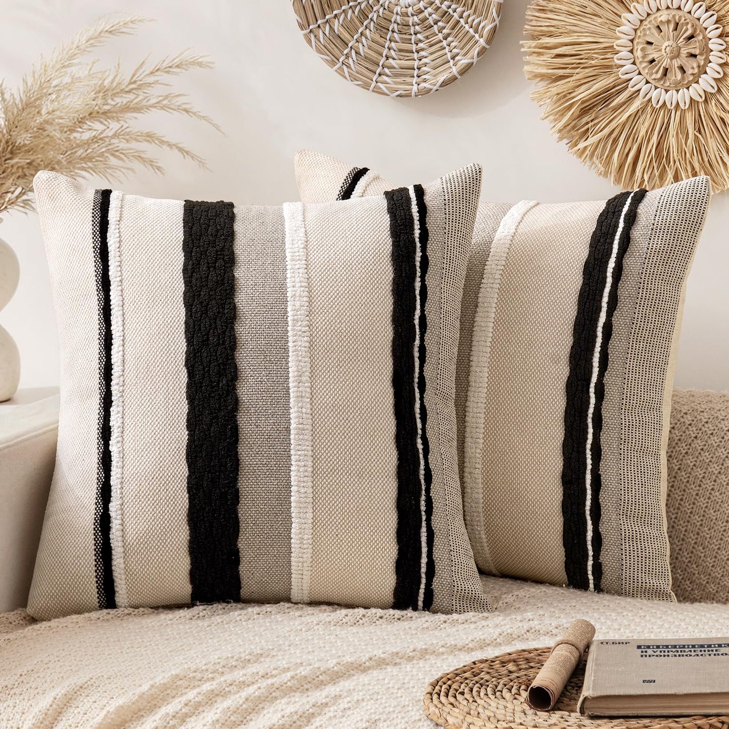 ANRODUO Boho Decorative Pillow Covers Olive Green Stripe 18x18 Pack of 2 | Throw Pillow Covers, Farmhouse Cushion Case, Chenille Pillow Cases, Pillow Covers, Accent Neutral Pillowcase for Couch Bed