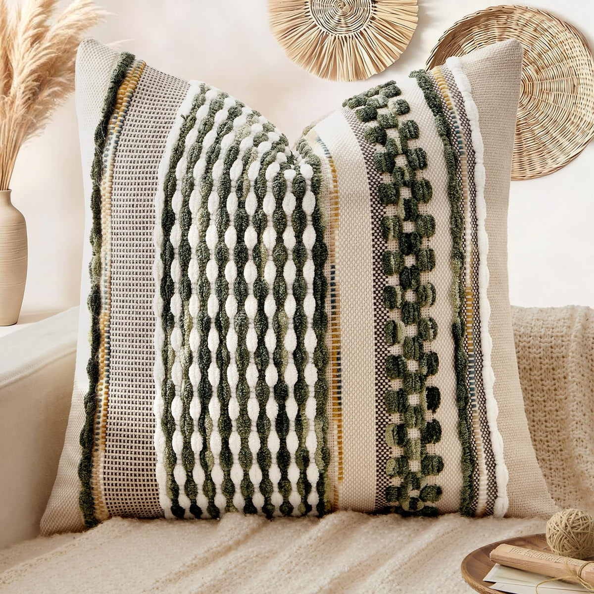 ANRODUO Boho Decorative Pillow Covers Olive Green Stripe 18x18 Pack of 2 | Throw Pillow Covers, Farmhouse Cushion Case, Chenille Pillow Cases, Pillow Covers, Accent Neutral Pillowcase for Couch Bed
