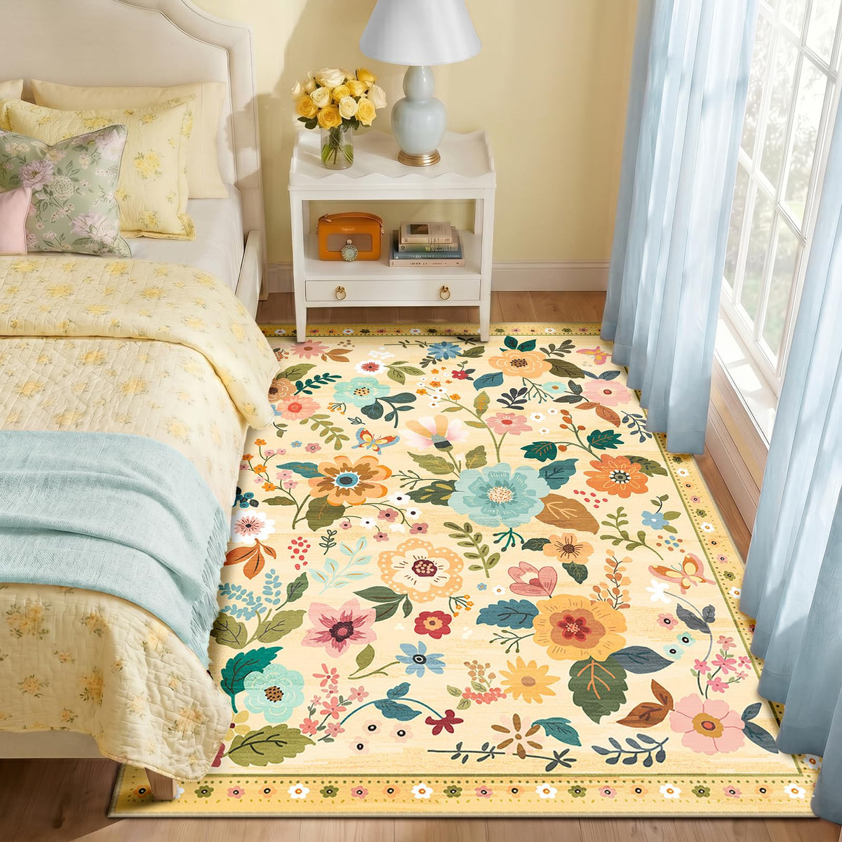 RELEANY Floral Washable 5x7 Area Rugs Beige/White/Orange | Flower Carpet, Print, Boho, Non-Slip, Easy to Clean, Soft, Low Pile for Living Room Bedroom Kitchen Office Entryway Hallway