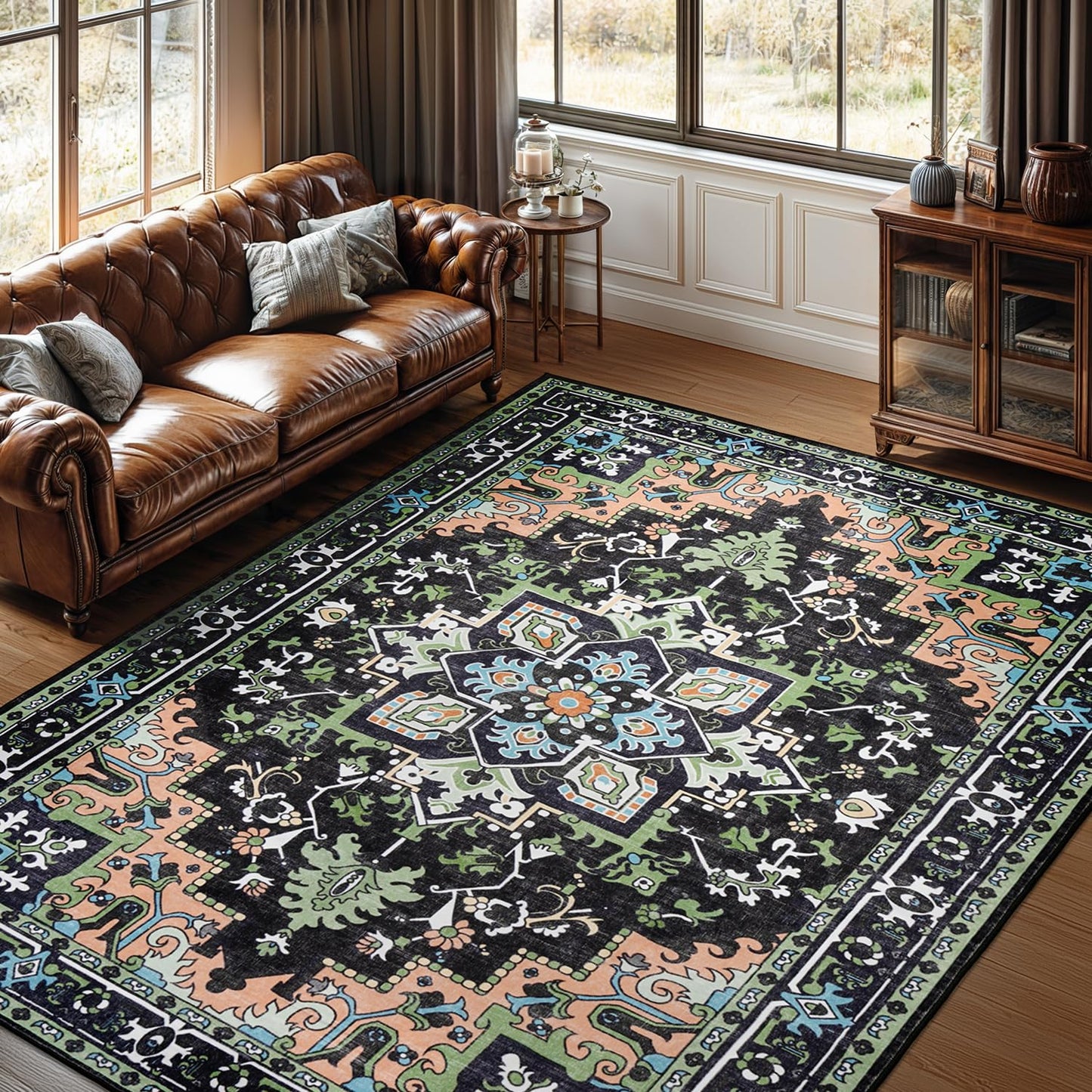 Lofus 5x7 Area Rugs for Living Room Bedroom, Soft Boho Carpet Floral Brown | High-Power Vacuuming, Non-Slip, Low Pile, Stain & Water Repellent, Soft, Skin-Friendly, for Kitchen Entryway Office