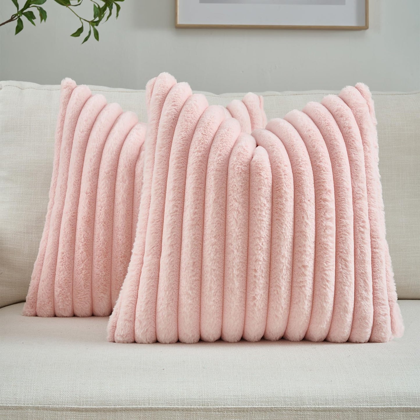 FUTEI Pack of 2 Faux Fur Throw Pillow Covers 18x18 Inch, Cream White | Fluffy Faux Rabbit Fur Front/Premium Velvet Back,Hidden Zipper,Machine Washable,Non-Shedding,Colorfast,Insert Not Included.