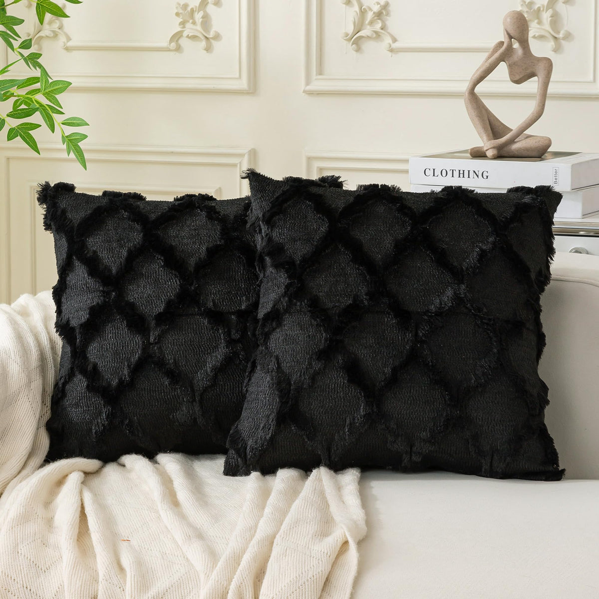 Set of 2 Soft Moroccan Throw Pillow Covers 18x18 Inch Plush Boho Decorative Pillow Cover Accent Cushion Case for Couch Sofa Bed, Beige