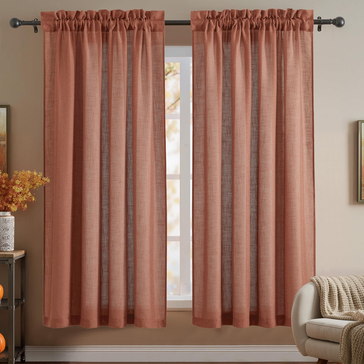 RYB HOME White Semi Sheer Curtains 84 inches Long for Living Room | Half Privacy, Linen Textured, Sheer Light Filtering, Vertical Window Drapes, for Bedroom Dining, White, W52 x L84, 2 Panels