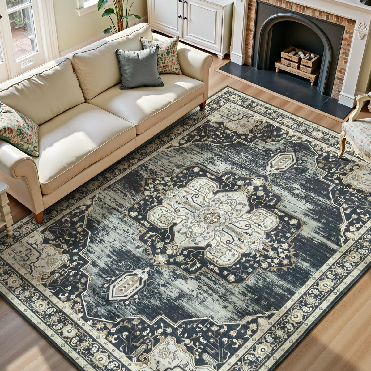 Lofus 5x7 Area Rugs for Living Room Bedroom, Soft Boho Carpet Floral Brown | High-Power Vacuuming, Non-Slip, Low Pile, Stain & Water Repellent, Soft, Skin-Friendly, for Kitchen Entryway Office