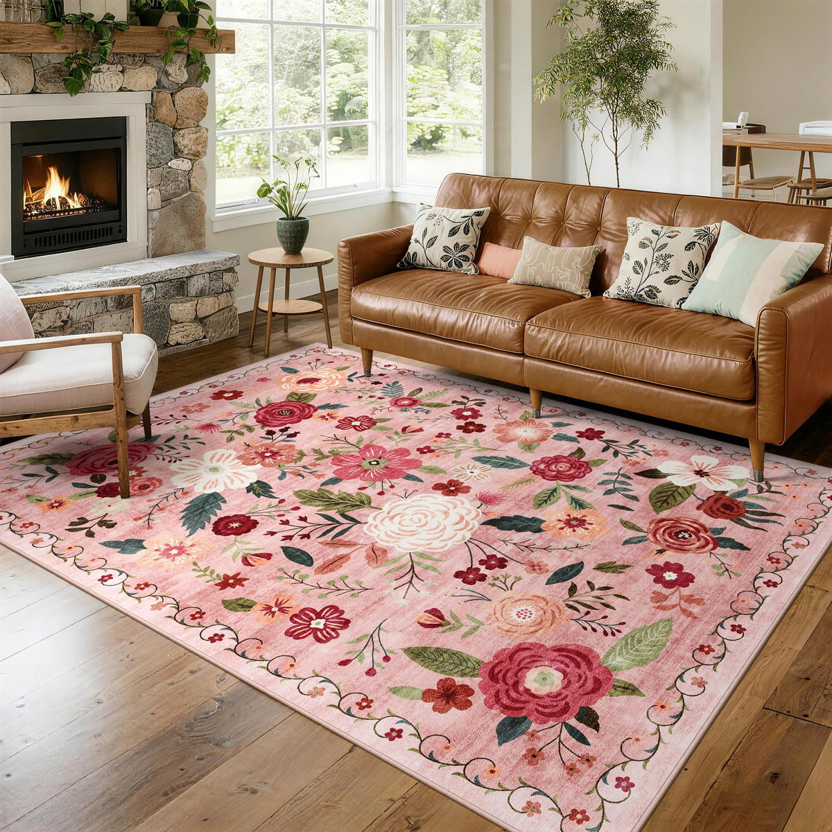 5x7 Washable Area Rug Green Boho Floral for Living Room Bedroom Nursery | Carpet for Dining Room, Soft Low-Pile Non-Slip Faux Wool, Farmhouse Indoor, Kid & Pet Friendly, Stain, Fade & Wear Resistant
