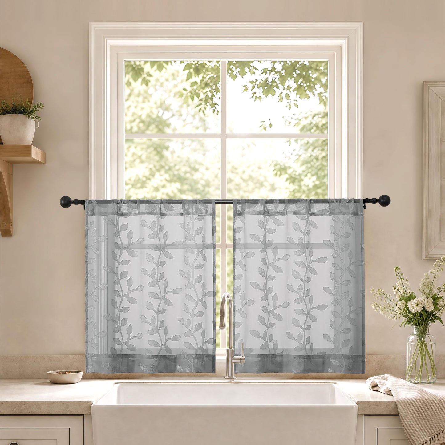 White Sheer Curtains 84 Inches Long - Light Filtering Leaf Jacquard Textured Semi Sheer Curtains, Rod Pocket Drapes for Living Room Bedroom 2 Panels Set, 2x37Wx84L Inches