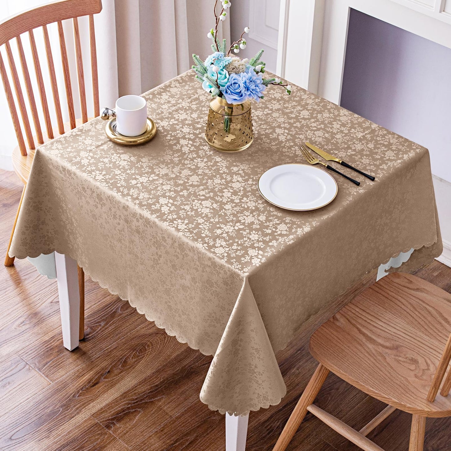 Smiry Rectangle Waterproof Heavy Duty Vinyl Tablecloths, 60 x 84 Inch | Wipeable Washable Floral Embossed Table Cover for Kitchen and Dining Room, Indoor & Outdoor Use, Beige